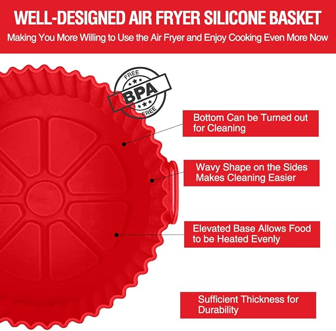 2 Pack Air Fryer Silicone Liners Pot for 3 to 5 QT, Basket Bowl, Replacement of Flammable Parchment Paper, Reusable Baking Tray Oven Accessories, Red+Blue, (Top 8in, Bottom 6.75in)