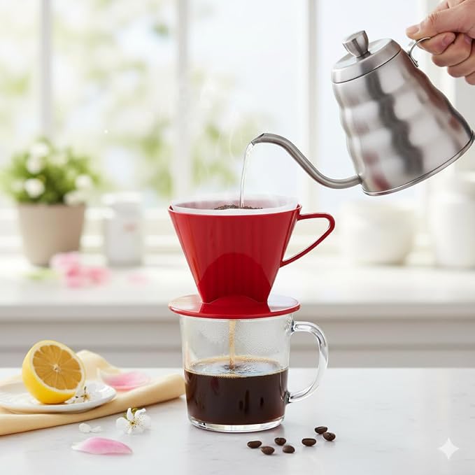 Fino Pour-Over Coffee Brewing Filter Cone, Number 2-Size, Red, Brews 2 to 6-Cups