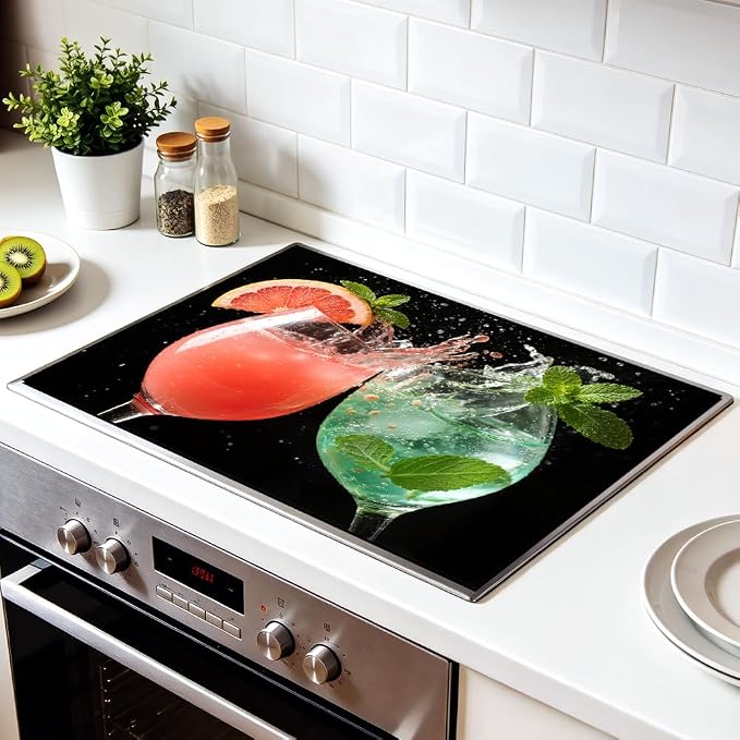 Cocktail Bar Stove Top Cover for Electric Stove, 28x20 In Mat | Heat-resistant non-slip mat holds hot cookware; glass cooktop protector, dish drying; colorful drinks summer kitchen decor