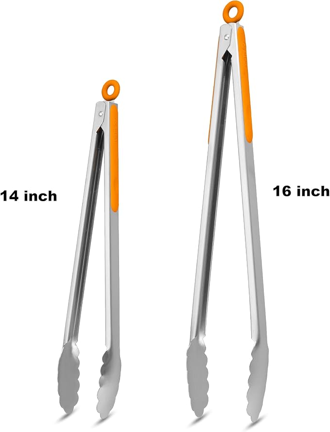 304 Stainless Steel Kitchen Cooking Tongs, 14 & 16 Inch, Set of 2, Orange | Locking Food Tongs with Non-slip Grips and Hanging Loops for Cooking, Grilling, BBQ and Serving, Dishwasher Safe