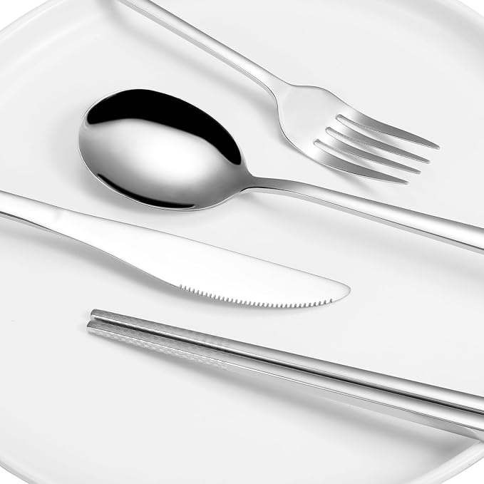 iNKULEER Travel cutlery set, 18/8 stainless steel cutlery, Reusable utensils set with case, Portable Silverware Lunch Box for Camping and Office-Stainless steel