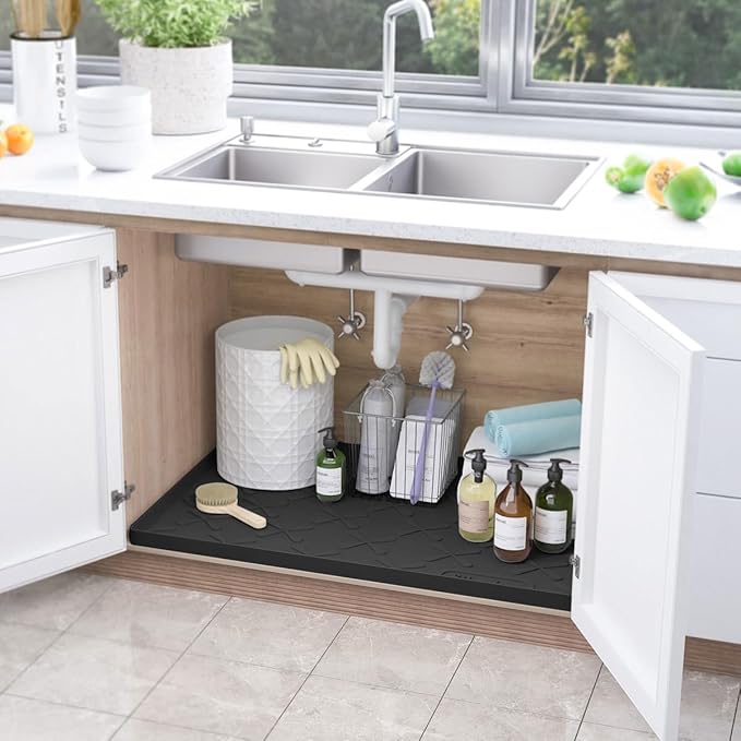 Waterproof Under Sink Mat 34" x 19" Cabinet Protector Silicone Mat | Heavy Duty Deep Drip Tray, Extra Thick Non Slip Liner for Kitchen & Bathroom, Pets, Organizer, Storage, Boots, Home Essential