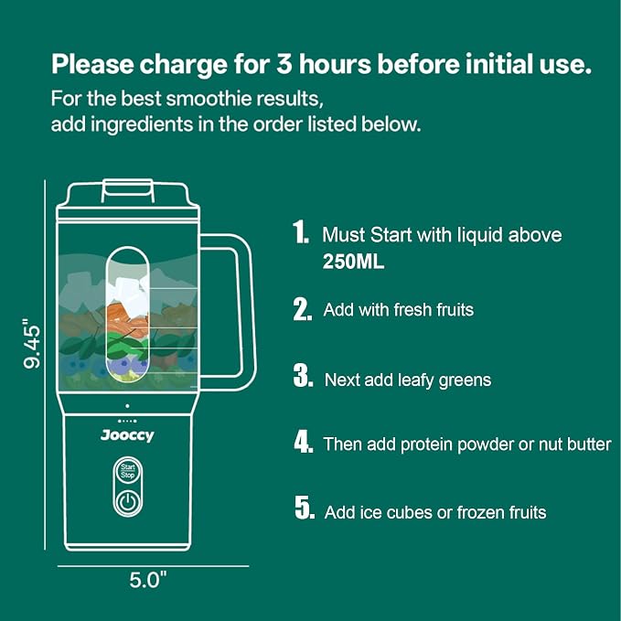 Portable Blender for Smoothie, 18oz personal, Cordless Rechargeable | Frozen blending, Jam-free, BPA-free, Auto-Reverse, Fast Charging, Not Dishwasher Safe, Car Cup Holder Friendly
