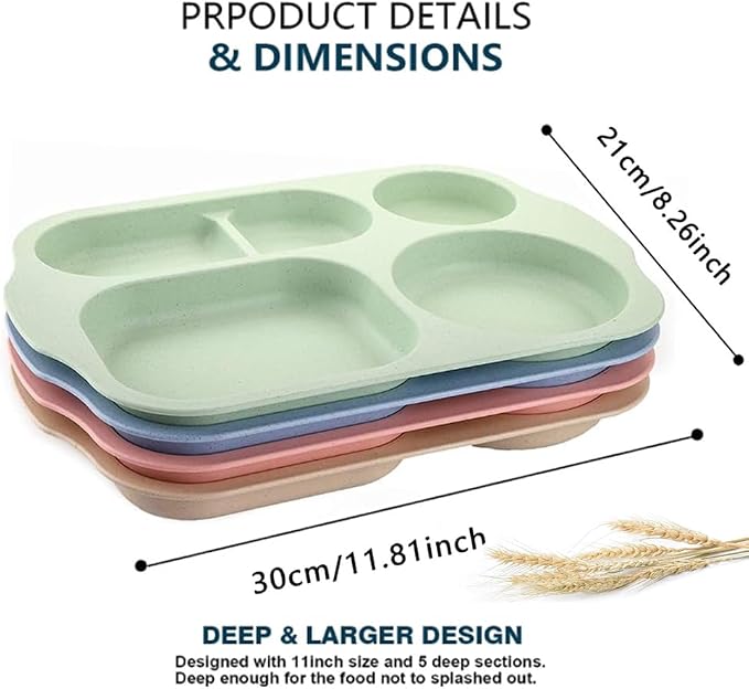 PUPOPIK 12 Inch Divided Plates4 PCS - Reusable Unbreakable Wheat Straw Plates, Dinnerware Lunch Tray Plates Tableware for Kitchen, Picky Eaters, Campers and Portion Control (Blush)