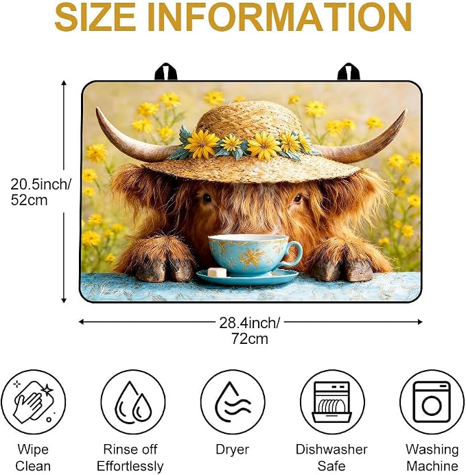 Highland Cow Stove Top Cover 28x20 Inch Farmhouse Electric Stove Cover | Heat Resistant Cooktop Protector Mat with Non-Slip Backing, Scratch Protection and Countertop Drying Mat.