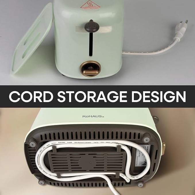 KuHAUS Retro 2 Slice Toaster, 6 Browning Control, Dust Cover, Removable Crumb Tray, Cord Storage, Vintage Design for Bread & Waffles (Mint)
