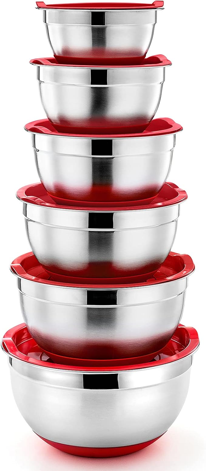 P&P CHEF Stainless Steel Mixing Bowls With Lids, Set of 6, Red | Salad Nesting Mixing Bowls & Fitting Lids & Non-Slip Silicone Bottom, Ideal for Mixing, Storing, Size 0.7/1/1.5/2.5/3/4.6 Qt