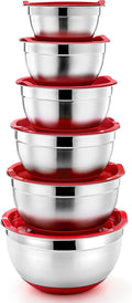 P&P CHEF Stainless Steel Mixing Bowls With Lids, Set of 6, Red | Salad Nesting Mixing Bowls & Fitting Lids & Non-Slip Silicone Bottom, Ideal for Mixing, Storing, Size 0.7/1/1.5/2.5/3/4.6 Qt