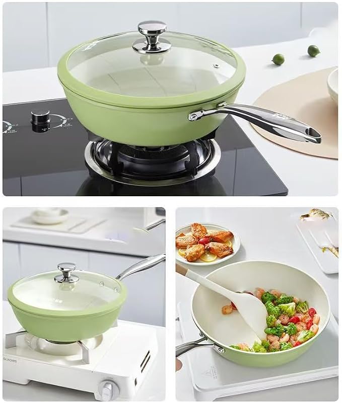 Nonstick Ceramic Frying Pan, Stir Fry Pans with Lid, Gas Electric & Induction Compatible (Green, Pan with Lid 12 inch)