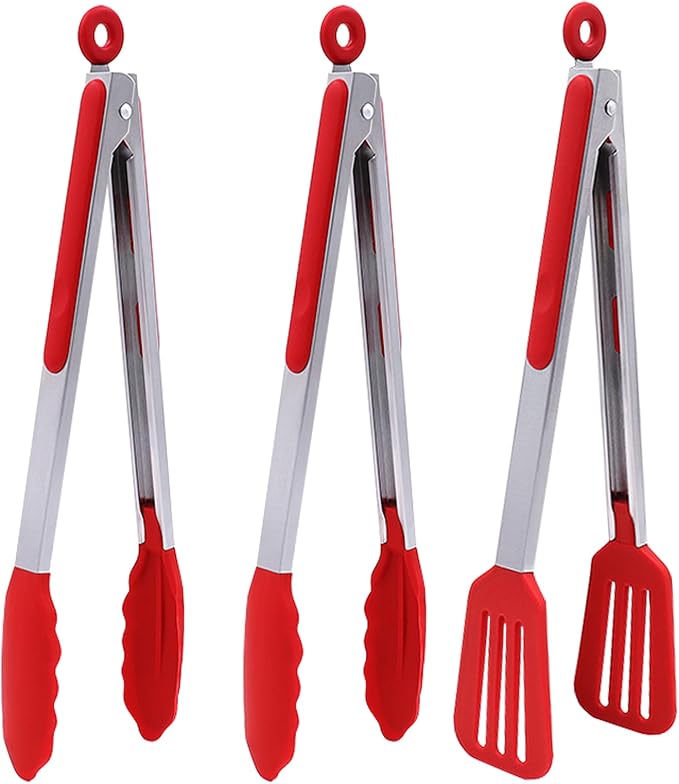 12 Inch Kitchen Tongs Set of 3, Cooking Tongs with Silicone Tips | Stainless Steel Handle, Non-Scratch, Heat Resistant, for Cooking, Baking, Grilling