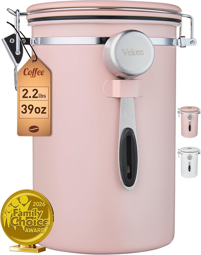 Veken Coffee Canister,39OZ, 2.2lbs,Large Airtight Stainless Steel Container | Date Tracker, Kitchen Food Storage Jars for Beans, Ground, Espresso, Rice,Tea, Sugar, Cereal, Cookie,Gifts, Lids, Scoop, Pink