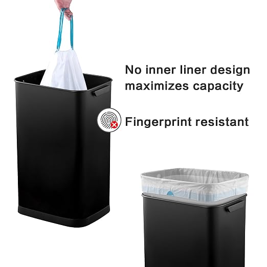 13 Gallon Trash Can, Touchless Stainless Steel Kitchen Bin (Black) | Automatic Motion Sensor Lid | 50L Fits 13 Gal Tall Kitchen Bags | Anti-Fingerprint Brushed Finish | For Home Office