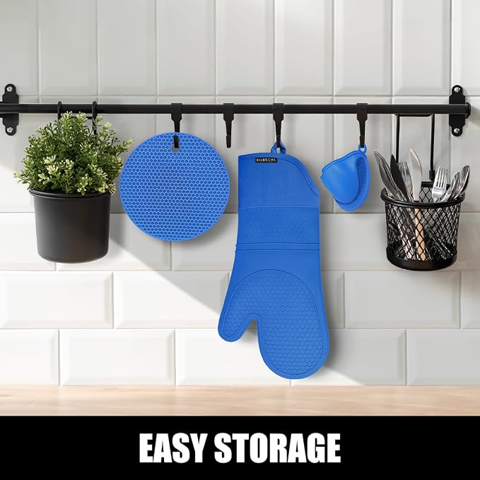 RORECAY Silicone Oven Mitts and Pot Holders Sets, Gloves for Kitchen, Blue | Set of 6 Kitchen Mitts for Baking & Cooking, Heat Resistant 500 ℉, 15" Extra Long, Non-Slip & Waterproof, Quilted Cotton