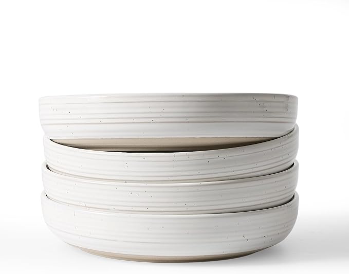 famiware Milkyway 33 oz Pasta Bowls Set of 4, White with Speckles | Double Reactive Glaze, Scratch-Resistant Stoneware Salad Bowls, Stackable, Dishwasher & Microwave Safe, Lead-Free
