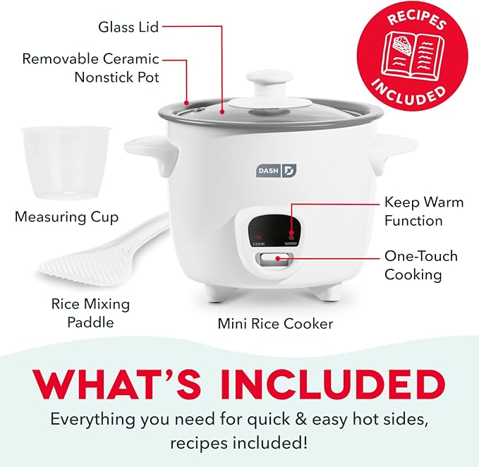 Dash Mini Rice Cooker, 2-Cup Removable Ceramic Nonstick Pot, White | Small Rice Cooker, Rice Maker for One, Keep Warm Function, Cooks Oatmeal, Quinoa & Grains