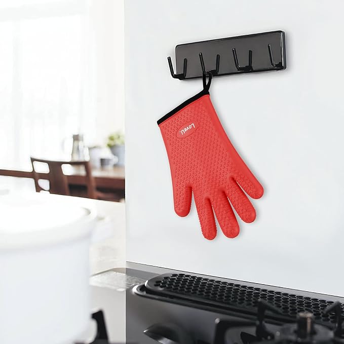 Silicone Oven Mitts Gloves - Heat Resistant, Non-Slip for BBQ, Grilling | 450°F Double-Layer｜Waterproof Kitchen Cooking Barbecue Mittens ｜5 Finger Hot Mitt for Baking, Smoker& Cast Iron(Small)