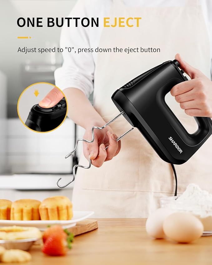 SHARDOR Hand Mixer Electric, 6 Speed & Turbo Mixer Electric Handheld, Snap-On Storage Case,5 Stainless Steel Accessories for Whipping, Mixing Cookies, Brownie, Cakes, Dough Batters (Black)