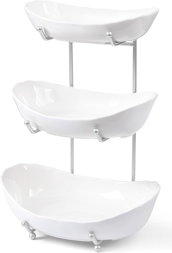 HBlife Fruit Bowl for Kitchen Counter - 3 Tier Ceramic Fruit Bowl Holder with Metal Stand, Tiered Fruit Basket for Fruit and Vegetable Storage, Serving Trays for Party