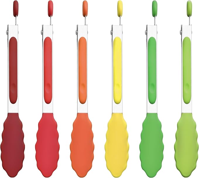 6PCS 7-Inch Silicone Tongs Set, Stainless Steel Tongs with Silicone Tips | Heat-Resistant Small Tongs For Cooking, Serving, Grilling | Dishwasher Safe | Colorful