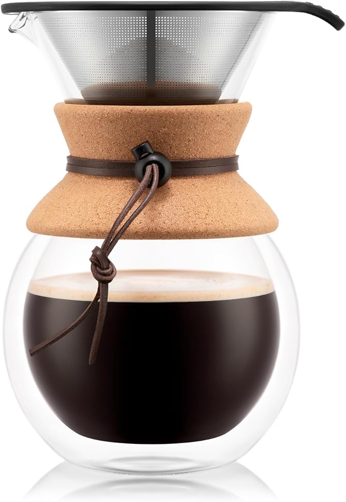 Bodum 34oz Pour Over Coffee Maker, High-Heat Borosilicate Glass with Reusable Stainless Steel Filter and Double Wall Cork Grip - Made in Portugal