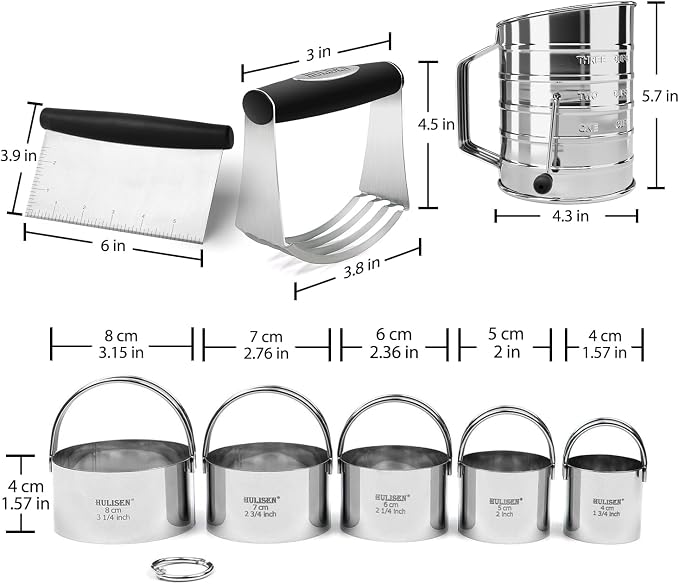HULISEN 5-Pc Biscuit Cutters, Flour Sifter, Pastry Scraper, Dough Blender | Stainless Steel, Dishwasher Safe, Etched inch/cm Markings, Gift Package, Ergonomic Rubber Grip, Professional Baking Tools