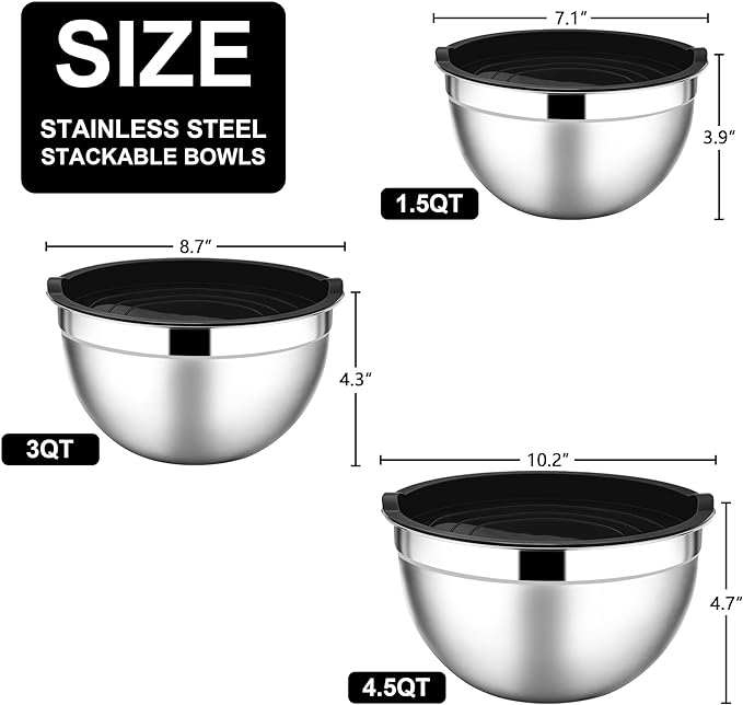 E-far Mixing Bowls with Lids Set, 6-Piece Stainless Steel Salad Bowls | Metal Nesting Cooking Bowls with Airtight Lid for Kitchen Storage, Baking & Prepping, Dishwasher Safe, 1.5/3/4.5 QT