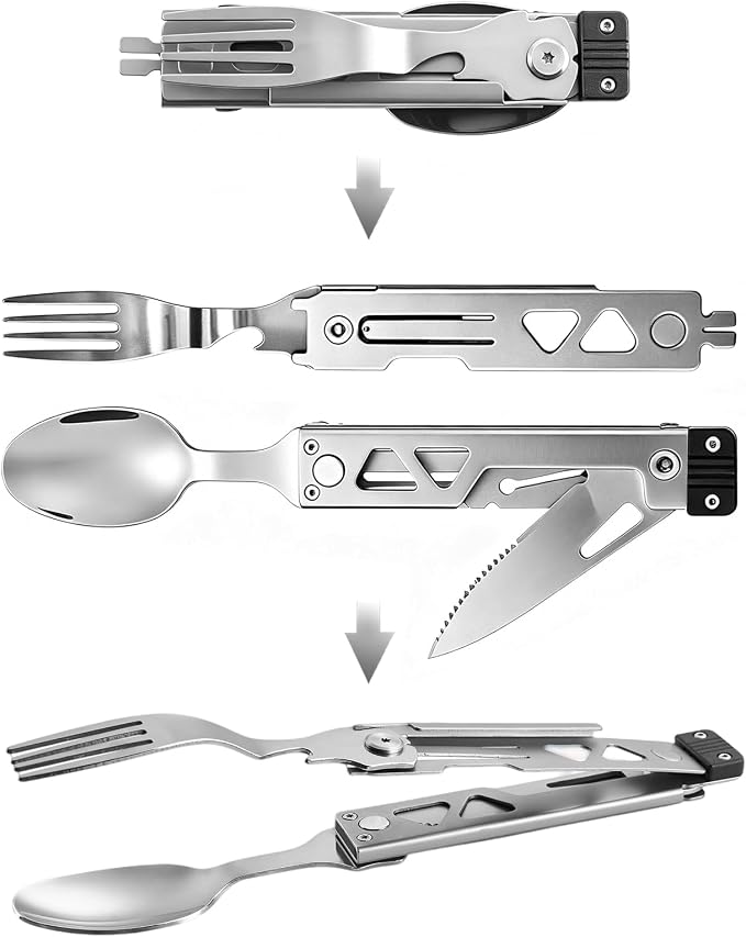 5-in-1 Camping Utensils Set with Pouch Folding Fork Spoon Knife | Detachable Travel Pocket Cutlery Combo, Portable Flatware for Picnic Outdoor, Grill Barbecue BBQ Tongs, 420J2 Stainless Steel
