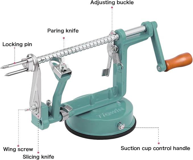 Apple Peeler Corer, Long lasting Chrome Cast Magnesium Alloy Apple Peeler Slicer Corer with Stainless Steel Blades and Powerful Suction Base for Apples and Potato(DeepGreen)
