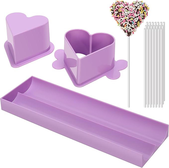 Heart Cake Pop Mold Set with 9in Tray and Sticks- Purple | ABS Cake Pop Maker with Cutter and Pusher, perfect for making uniform cake pops for parties, weddings, and homemade desserts.