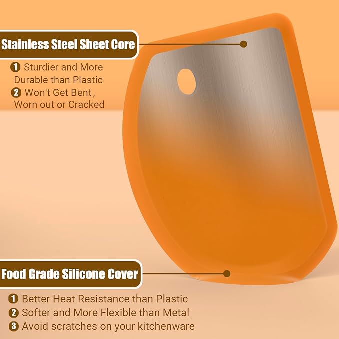 Silicone Dough Scraper with Metal Core Flexible Bowl Scraper Bread Baking | With Stainless Steel Sheet, Curved Edge Food Grade Silicone Bench Scraper for Sourdough Bread, Set of 2, Gray & Orange, SAPID