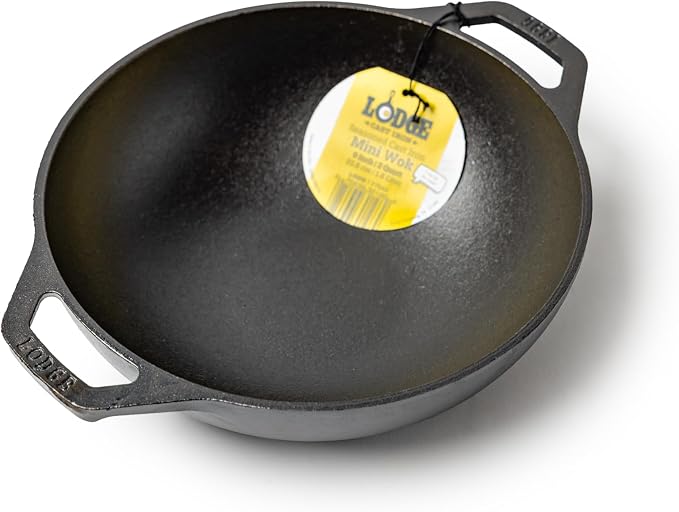 Lodge Cast Iron Mini Wok - Naturally Seasoned Stir Fry Pan with Dual Loop Handles - Compact Cast Iron Cookware for Searing, Serving & Everyday Cooking - 9 Inches
