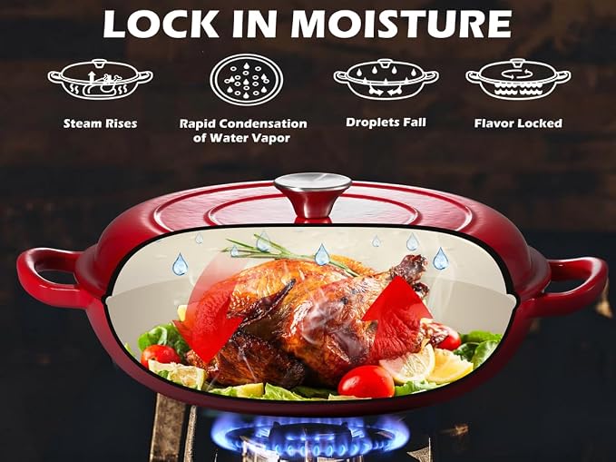 Leonyo 3.6QT Cast Iron Braiser Shallow Dutch Oven with Lid, Red | Nonstick Enameled Cast Iron Casserole Skillet, Cast Iron Cookware Shallow Dutch Oven with Lid for All Cooktop, Oven Safe