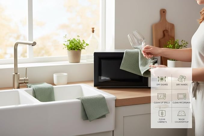 Sage Green Kitchen Hand Dish Towels, Set of 3, 100% Cotton, 18" x 28" | Terry Loop Ribbed Textured, Soft & Absorbent Cleaning Cloth, Quick Dry, Multipurpose for Everyday Use