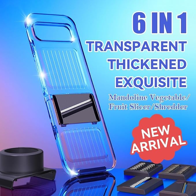 Multi-function 6 in 1 Mandoline Safe Vegetable Fruit Manual Slicer/Shredder Chopper Interchangeable Handheld Shining Transparent Exquisite Thickened Plastic Board Kitchen Prep Tool for Onion Garlic