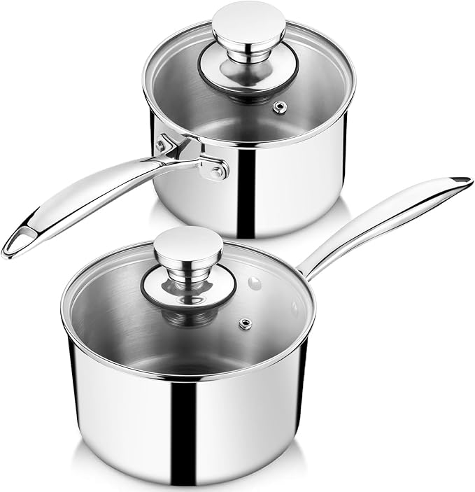 P&P CHEF 1 & 2 Quart Tri-Ply Saucepan with Visible Lid, Small Pot, 2 Piece | 1 & 2 Qt Stainless Steel Sauce Pan, Cooking Induction Pot Cookware for All Stoves, Healthy & Sturdy, Oven & Dishwasher Safe
