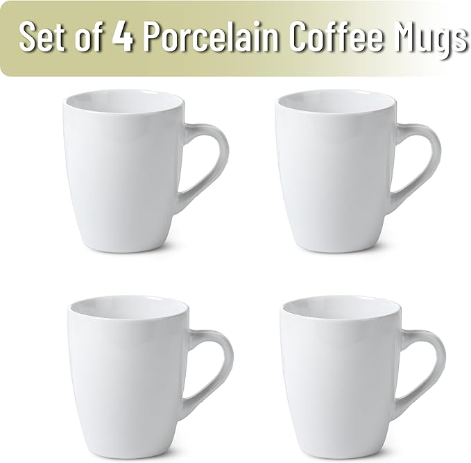 BTaT- Porcelain Coffee Mugs Set, 4 Pack, 12oz, White Ceramic Cups | Restaurant Cups with Handles for Mocha, Tea, Cappuccino, Cocoa, Cereal, Mug Gift Set, Dishwasher Safe