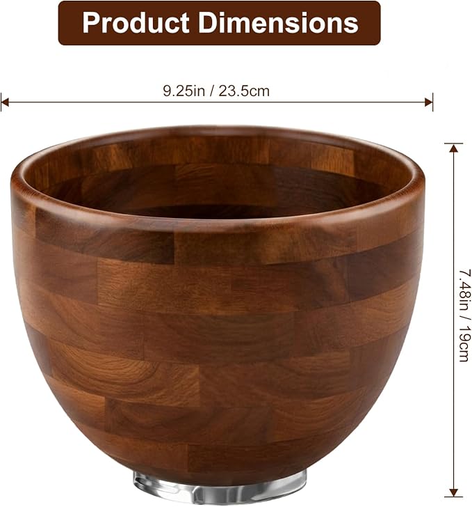 Wood Mixing Bowl Suitable for 4.5-5 QT Tilt-Head Stand Mixers - Natural Wooden Kitchen Accessory - Fits K45 KSM150 Series Natural Wood Mixing Bowl with Steel Locking Base