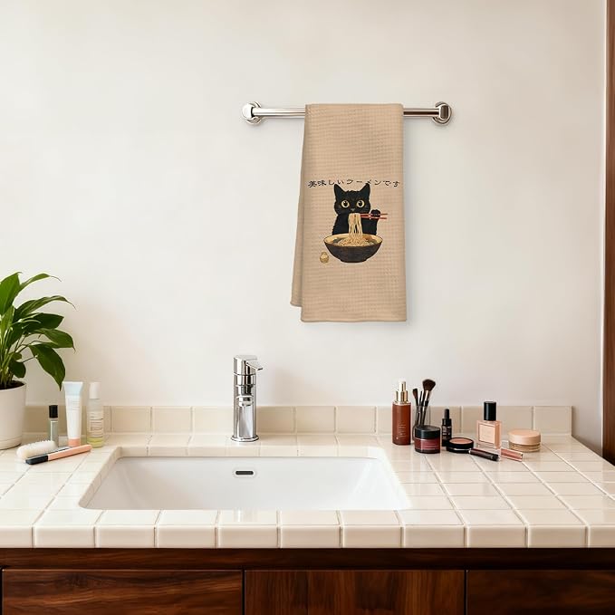 Funny Black Cat Kitchen Towel, Sushi Cat Lover Gifts Dish Towel, Japanese Ramen Noodles Sushi Black Kitty Decorative Hand Towel 16x24 Inch(A)