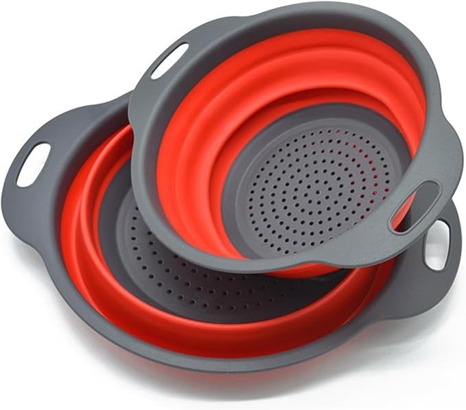 2 Pack Collapsible Silicone Colander with Handle, Over Sink Foldable Food Strainer, BPA-Free Space Saving Drain Basket for Vegetables, Fruits, Pasta, Kitchen & Camping (Red)