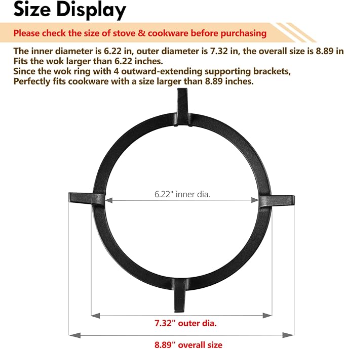 Wok Ring, 6.22 Inch Cast Iron Wok Support Ring Replacement Parts for Gas Stove GE, Samsung, Kitchenaid, Kenmore, Jenn-Air, Bosch, Fulgor Milano, Zline Round Stove Top Pan Support Rack Gas Range Parts