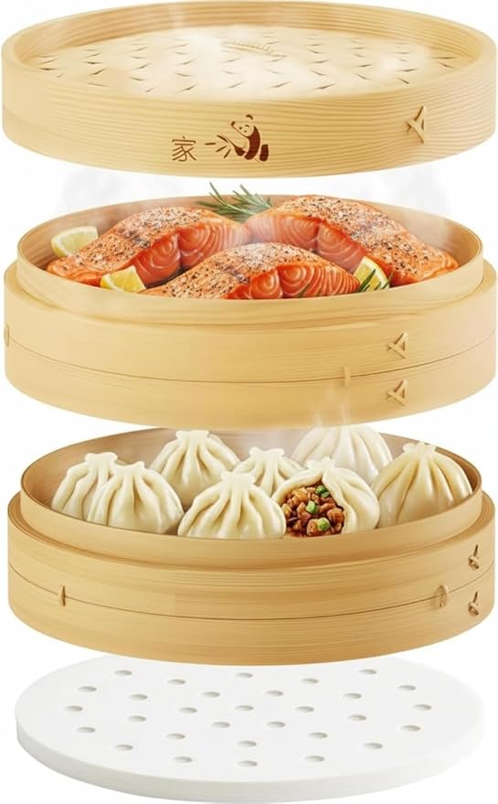 Bamboo Steamer Basket - Cook Delicious Meals with Authentic Flavor at Home | 12 Inch, 2 Tiers + 50 Liners, Chopsticks and Sauce Dish - Steam Family Portions of Dumplings, Bao and Vegetables at Once