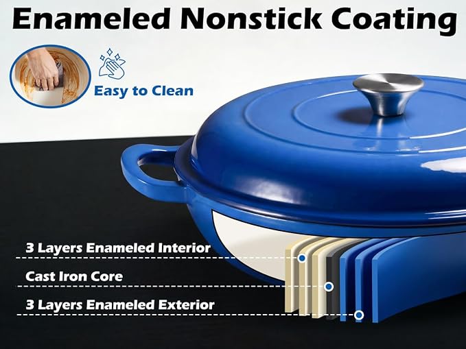 Leonyo 3.6QT Cast Iron Braiser Shallow Dutch Oven with Lid,Blue | Nonstick Enameled Cast Iron Casserole Skillet, Cast Iron Cookware Shallow Dutch Oven with Lid for All Cooktop, Oven Safe