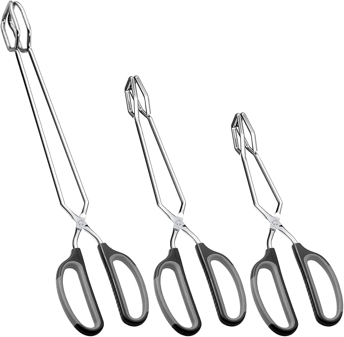 HINMAY Stainless Steel Scissor Tongs Cooking Tongs Set, Set of 3 (Black Handle, 10" 12" 16") | Black Handle