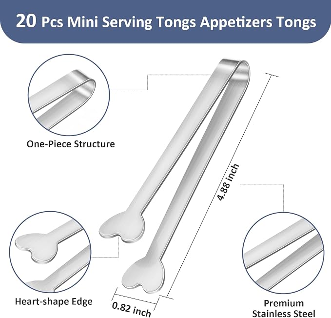 20-Packs Mini Serving Tongs, Stainless Steel Small Appetizers Tongs, Metal Kitchen Tongs, Ice Sugar Tongs for Serving Food (5inch，Silver)