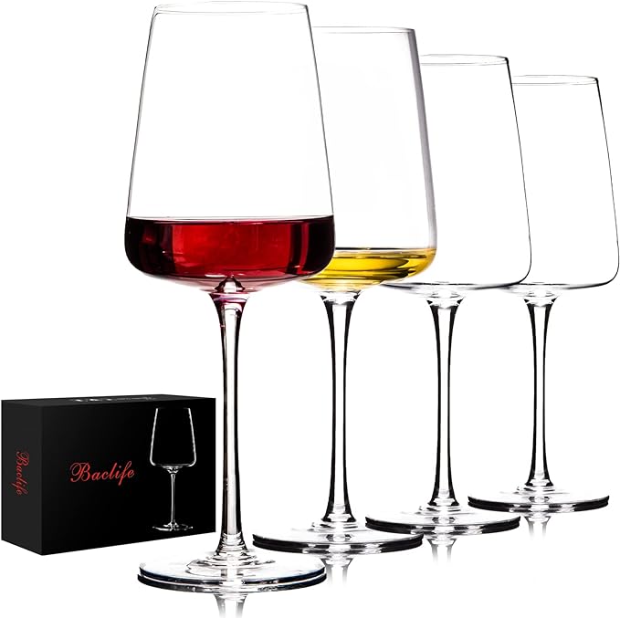 BACLIFE Hand Blown Red Wine Glasses Set of 4 – Premium Crystal Wine Glasses With Long Stem,19 oz – Unique Gift for Father's Day, Wedding, Birthday – Ideal for Restaurants,Home Bar