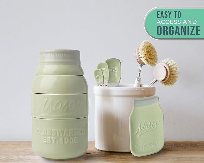 Comfify Green Mason Jar Measuring Set – 4 Cups, 4 Spoons, Spoon Rest | Green; ceramic; 9-piece set; 4 measuring cups + 4 measuring spoons + spoon rest; mason jar design; hand wash only