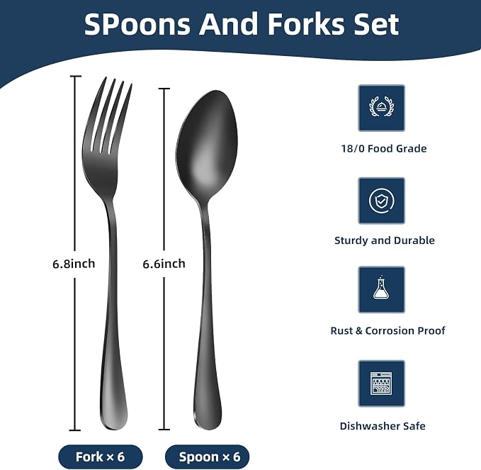 12 Pieces Spoons and Forks Set,Food Grade Stainless Steel Flatware Cutlery Set,6 Forks(6.8 inch)and 6 Spoons(6.6inch)Silverware Set for Home,Kitchen,Restaurant-Mirror Polished & Dishwasher Safe(Black)