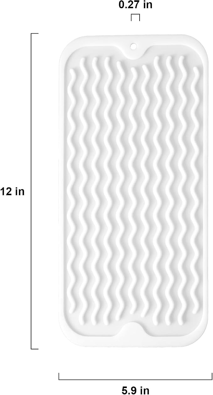 Silicone Dish Drying Mat, Non-Slip Easy Clean Sink Mat, White, 12" x 6" | Quick-Dry Ridges, Large Heat-resistant Dish Drainer Mat for Kitchen Counter, Hangable & Roll-Up for Storage, Dishwasher Safe