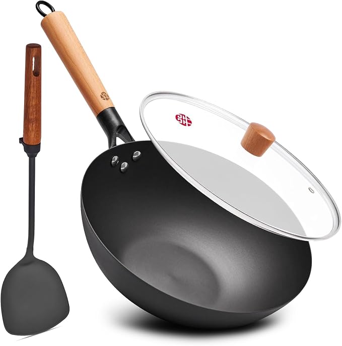 WANGYUANJI 11.8" High Purity Iron Wok Pan,Flat Bottom Stir Fry Pan for Electric,Induction & Gas Stoves,No Chemical Coating Carbon Steel Alternative,Traditional Hand-Hammered Skillet for Cooking