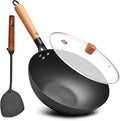 WANGYUANJI 11.8" High Purity Iron Wok Pan,Flat Bottom Stir Fry Pan for Electric,Induction & Gas Stoves,No Chemical Coating Carbon Steel Alternative,Traditional Hand-Hammered Skillet for Cooking
